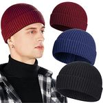 3 Pack Wool Fisherman Beanies for Men, Short Knit Watch Cap Cuffed Trawler Hats, F-black, Navy, Wine Red, One Size