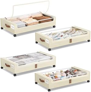 Yecaye 4 Pack Under Bed Storage with Wheels, Under Bed Storage Containers with Lids, Large Under Bed Rolling Storage with Clear Window & Label, Rolling Drawers for Clothes, Blankets, Books