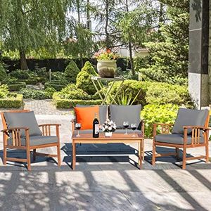 DORTALA 4PCS Wooden Patio Furniture Set, Outdoor Conversation Set with Table & Sectional Sofa, Seating Furniture Set with Cushions for Garden Backyard Balcony Patio Poolside, Grey