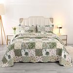 Qucover 3-Piece Double Bedspread Set, American Style Green Patchwork Pattern Bedspread, Light Breathable Polyester Ultrasonic Quilting Coverlet Set with Pillow Shams, 220x230cm