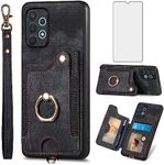 Phone Case for Samsung Galaxy A32 4G 6.4 inch Wallet Cover with Screen Protector and Wrist Strap Lanyard RFID Credit Card Holder Ring Stand Cell Accessories A 32 32A S32 G4 SM-A325M/DS Women Men Black