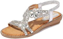 Yicornchen Women's T-Strap Beaded Flower Rhinestone Flat Sandals Dress Beach Shoes(9.5 B(M) US,Silver)