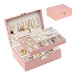 SYCARON Jewelry Organizer Box for Women, Large 2 Layer Jewelry Storage Case PU Leather Soft Lining with Lock for Rings Earrings Necklace Bracelets Watches, Pink