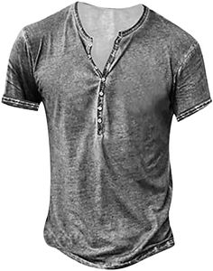 Hawaiian Shirt for Men Men's Distressed Henley Shirts Vintage Short Sleeve Button Down T-Shirt Casual Washed Basic T-Shirt Mens Birthday