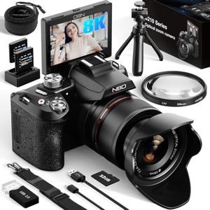 NBD 8K Digital Cameras for Photography,64MP Vlogging Cameras for YouTube,16X Optical Zoom Travel Point and Shoot Digital Cameras Fotograficas with 180°Flip Screen,2 Batteries,64GB Card (Black)
