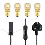 Salt Lamp Replacement Light Fitting with Button + 4 Units of 15 Watt E14 Incandescent Oven Bulb. Black Power Cord Cable Comes with Certified E14 Bulb Holder, Button and British Standard Plug