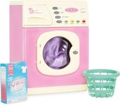 Casdon Pink Electronic Washer. Toy Washing Machine with Spinning Drum, Lights, and Sound Effects. Includes Laundry Basket and Washing Powder Box. Playset for Children Aged 3+