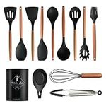 13 Pieces Silicone Kitchen Cooking Utensils Set: Wood Handle Kitchen Spatula Set - Heat Resistant Kitchen Gadgets Tools for Non-Stick Cookware (Black)