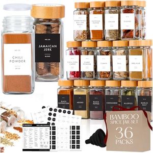 FINESSY 36 Thick Glass Spice Jars With Bamboo Lids, 480 Waterproof Labels