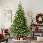 SHareconn 7FT Pre-Lit Christmas Tree with 400 Warm White LED Lights,Artificial Xmas Tree for Easy Setup,1381 Branch Tips for a Full Look,Includes Sturdy Wooden Stand,Indoor Home Decor