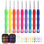 HASTHIP® 9Pcs Ergonomic Crochet Hooks Set, 2-6mm Silicone Crochet Hook Knititng Needles with 20 Stitch Markers+6 Big Eye Needles for Crocheting Yarn Craft Projects