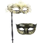 Coddsmz Couple Masquerade Mask with Holding Stick Venetian Halloween Costume Mask Mardi Gras Mask Cosplay Party Costume Mask