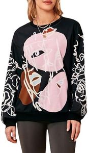 WDIRARA Women's Figure Graphic Print Sweatshirt Round Neck Long Sleeve Contrast Color Graffiti Pullovers Colorblock Black S