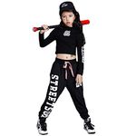 LOLANTA Kids Hip Hop Dance Clothes Girls Street Dance Outfits Printed Tops and Drawstring Jogger Pants, Black, 8-9 Years, 140