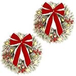 Twinkle Star Lighted Christmas Wreaths, Pre-lit Xmas Wreath with Large Red Bow, Cones & Berries, Battery Operated with LED Lights for Front Door Holiday Wall Christmas Party Decorations