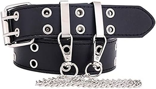 kowaku Double Grommet Belt for Women Men Leather Punk Rock Adjustable Belts Double Prong Buckle Eyelet Hollow Waist Belt - Black with Chain, as described