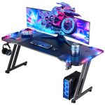 63 Inch Gaming Desk with LED Lights Carbon Fibre Surface Gaming Table Large Computer Desk Ergonomic Home Office Desks Z Shaped PC Gamer Workstations with Cup Holder & Headphone Hook Black