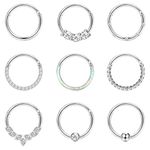 JeweBella 9PCS 16G Nose Ring Surgical Steel for Women Hinged Hoop Septum Ring CZ Opal Cartilage Hoop Earrings Tragus Helix Hoop Piercing Silver Lip Nose Rings Daith Piercing Jewellery 8/10mm