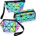 Weewooday 3 Pieces Makeup Bags for Women, Portable Travel Cosmetic Bag Organizer Case with Wrist Strap Toiletry Bags Geometric and Foldable Makeup Bags, Holographic