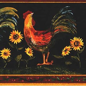 CONCORD WALLCOVERINGS ™ Wallpaper Border Roosters Pattern Sunflowers Roosters Leaves for Cottage Farmhouse Kitchen Dining Area, Navy Orange Red Yellow Green Brown, 7 Inches by 15 Feet H3106B