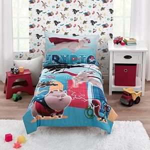 NOJO Warner Brothers DC League of Super Pets Blue, Red, and Yellow 4 Piece Toddler Bed Set - Comforter, Fitted Bottom Sheet, Flat Top Sheet, and Reversible Pillowcase