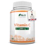 Vitamin C 1000mg - 180 Vegan Tablets - 6 Month Supply - High Strength Ascorbic Acid - Supports Immune System, Energy & Collagen Formation - Nu U Nutrition
