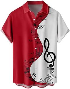 Generic Hawaiian Bowling Shirts for Men Retro Short Sleeve Rockabilly Style Casual Button Down Music Note Printed Graphic Tee Shirts Summer Vacation Tropical Aloha Resort Shirts Red, Medium