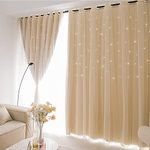 Stars Cutout Blackout Curtains with Tulle Overlay 2 Layers Grommet Window Panels for Kids Bedroom Living Room Decor Wall Home,Room Darkening Window Treatment Drape for Teens Room,52x96 Inch,Beige