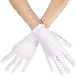 Womens White Gloves Short Satin Stretchy Gloves Wrist Length Dancing Gloves Bridal Gown Gloves for 1920s Wedding Opera Party Adult Size