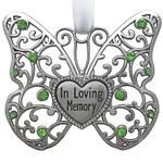 BANBERRY DESIGNS in Loving Memory Ornament - Rememberance Silver Filigree Butterfly with Engraved Heart - Light Green Crystals with White Ribbon to Hang - Bereavement Gifts - Sympathy Gifts