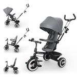 Kinderkraft ASTON 2 PRO Tricycle, 360° Rotating Seat, Reclining Both Directions, Adjustable Parent Handle, Freewheel Pedals, Canopy with Window, 9 Months to 5 Years, Grey