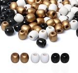 90 Pieces Wood Barrel Beads with Large Hole for Craft, 17x 16mm Black White Gold Mixed Colors Wooden Loose Beads for Hair Braid Decor/Jewelry Craft Making, 8mm Hole