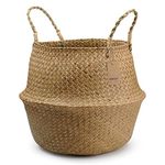 DOKOT Natural Seagrass Woven Plant Pot Laundry Storage Belly Basket With Handle (Natural)