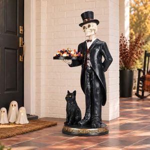elesculor 35.4 Inch Halloween Skeleton Butler Statue with Serving Tray, Gothic Floor Decor with Black Cat for Entryway, Haunted House, Party, Bar and Home
