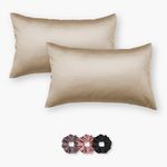 SEEVO 400 TC Luxurious Satin Silk Pillow Covers/Pillowcases with Envelope Closure, Soft Comfortable Protects Hair and Skin - 16 inch x 24 inch - Set of 2 with 3 Satin Schrunchies (Beige)
