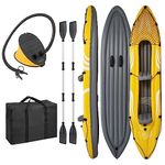 GYMAX Inflatable Kayak Set, 2-Person Inflatable Boat with Aluminum Oars, Fins, Foot Pump, Carry Bag and Independent Air Valves, Blow Up Canoe for Lakes, Rivers & White Water