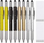 KEWAYO 8Pcs 6 in 1 Multitool Tech Tool Pen, – Multi-Functional & Measure Pen, with Scale Ruler, Spirit Level, Ballpoint Pen, Stylus & Small Screwdriver Set with 20 Refills