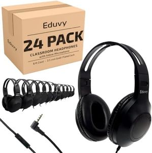Eduvy Bulk Headphones for Classroom with Microphone, Heavy-Duty School Pack Wired Headphones for Students. Teacher Must Haves Supplies from Elementary to College (24 Pack Black)