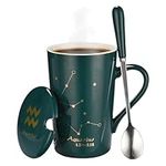 Bruntmor Ceramic Zodiac Mug Set - Constellation Mug, Horoscope Coffee or Tea Cup with Lid - Comes in a Box & Spoon - Unique Birthday Astrology Gifts for Men and Women - Aquarius