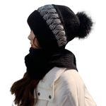 SYGA Women Winter Knitted Warm Hat With Scarf,Ear Protection Pompom Woolen Hat For Adult (Black), Free Size