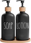 Bathroom Soap and Lotion Dispenser Set with Tray by Brighter Barns - Black Glass Hand Soap Farmhouse Decor, Boho Matte Accessories (Black), Soap Lotion (Black) (BBS)