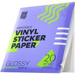 Premium Printable Vinyl Sticker Paper for Inkjet Printer and Laser - 20 White Glossy Sticker Paper Waterproof - Durability Adhesive Paper 8.5 x 11, Fast Dry, Holds Ink Well, Great for Cutting Machines