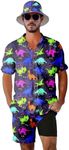 VUGOTU Men's 2 Piece Tracksuit 80s 90s Outfit Button Down 80s Shirts and Shorts Sets with Bucket Hats, Funny Dinosaurs, XX-Large