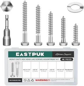 EASTPUK 46Pcs 3/8" Hex Head Lag Bolts Screws Assortment Kit, Heavy Duty Lag Screws with Washers, 304 Stainless Steel 18-8, 3/8 Bolt for Wood, Bright Finish
