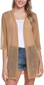 iClosam Women Casual 3/4 Sleeve Sheer Open Front Kimono Dressy Cardigan Sweater Shrugs Khaki
