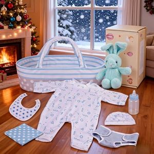BABESIDE 8 Pcs Reborn Baby Doll Accessories with Bassinet for 17-22 Inch Baby Dolls, Babies Doll Clothes Outfit Accessories fit Reborn Doll Newborn Boy (Not Doll)