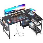 ODK Computer Desk with Power Outlets, L Shaped Gaming Desk 48 Inch Reversible Storage Shelves & PC Stand for Home Office, Writing Study Work Table with Storage Bag for Small Space, Black