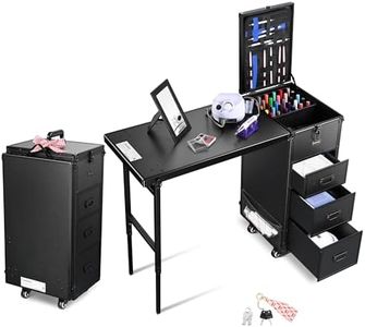 BYOOTIQUE Rolling Manicure Table Foldable Nail Desk Mobile Station Makeup Train Case with Desk Cosmetic Trolley 3 Drawers with Adjustable Divider For Nail Artist Makeup Artists, Black