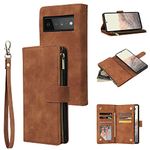 QLTYPRI Case for Google Pixel 6, Large Capacity Leather Wallet Case 6 Card Holder & 1 Zipper Pocket Kickstand Wrist Strap Magnetic Protective Cover for Google Pixel 6 - Brown