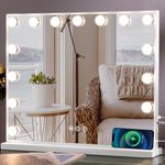 MISAVANITY Large Hollywood Vanity Mirror with Lights White Vanity Makeup Mirror with 15 LED Bulbs and USB Charge Port Dimmable 3 Color Lighting for Bedroom Tabletop